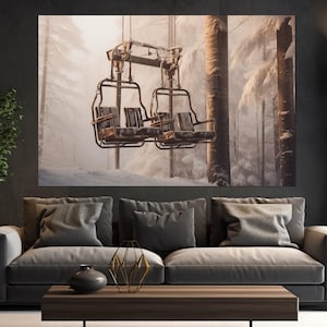 Chairlift Canvas Print, Winter Cable Car Painting, Ski Lift Canvas, Winter Wall Art, Skiing Canvas Art, Skier Gift, Framed and Ready to Hang