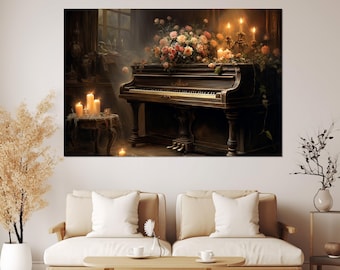 Retro Piano Painting, Piano Canvas Print, Piano Bar Wall Art, Pianist Gift, Framed and Ready to Hang