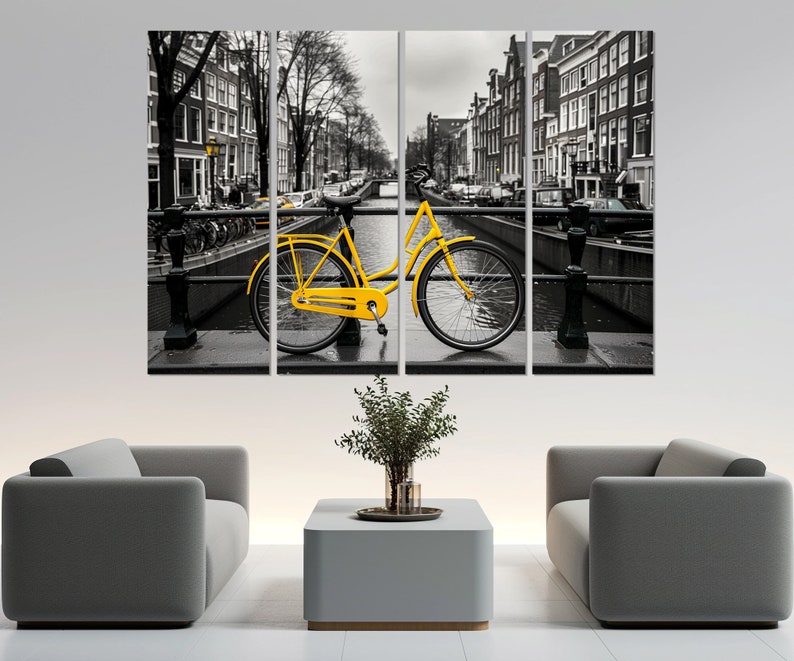 Yellow Bicycle in Amsterdam Canvas Print, Black and White Amsterdam