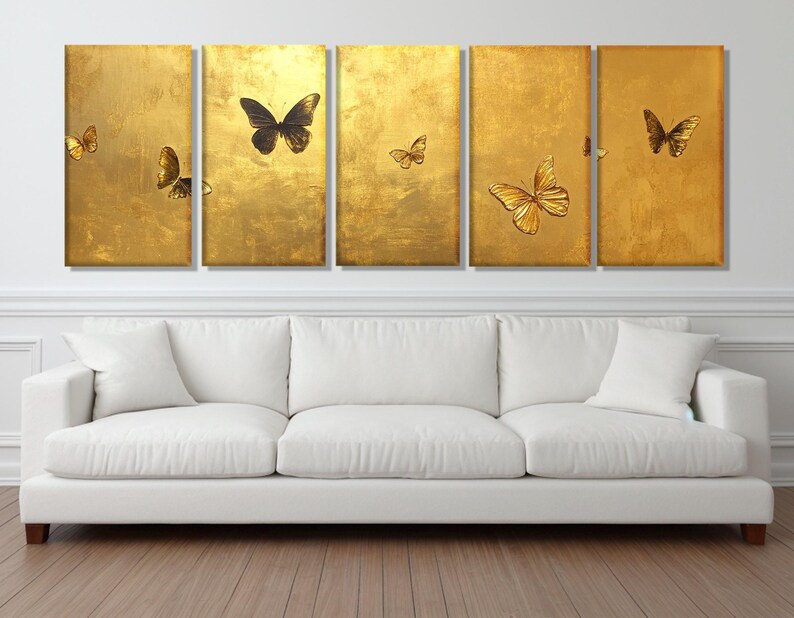 Gold Butterflies Painting Canvas Print, Gold Wall Art, Luxury Wall Decor, Butterfly Wall Art, Gold Wall Decor, Framed and Ready to Hang image 6