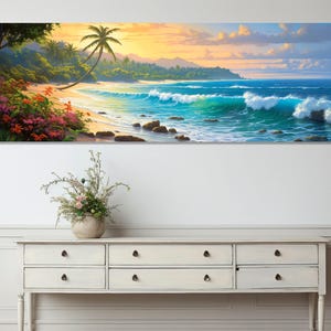 Beautiful Beach Painting Canvas Print, Large Beach Wall Art, Panoramic Tropical Beach Painting, Framed and Ready to Hang