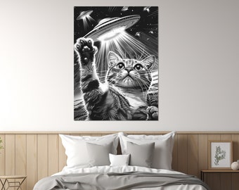 Impresión en lienzo de un selfie de gato con ovnis y extraterrestres, arte mural de gatos divertidos, decoración de pared para habitación de adolescentes, arte abstracto de gatos, enmarcado y listo para entregar.
