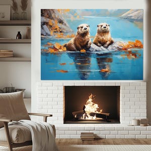 Cute Otters Couple in the Lake Canvas Print, Love Wall Art, Love Painting, Anniversary Gift, Romantic Gift, Framed and Ready to Hang