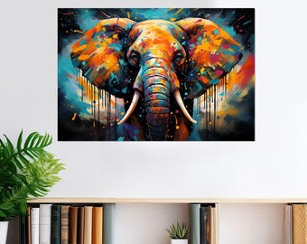 Impresión en lienzo de pintura abstracta de elefante, arte de pared de elefante colorido, enmarcado y listo para colgar