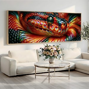 May include: A rectangular wall art print featuring a close-up of a snake head with iridescent scales in vibrant shades of red, orange, yellow, and green. The snake has a prominent dark eye and detailed, glossy scales that reflect light.