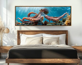 Reuzenoctopus canvasprint, grote octopus schilderij, onderwater kunst aan de muur, octopus poster, wanddecoratie duiken, duiker cadeau