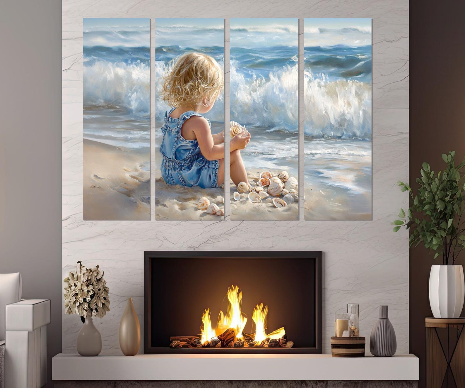 Kid Riding A Shell Little Blonde Kid on the Beach Painting Canvas PRINT, Abstract Beach ...