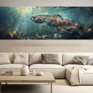Pintura em tela de truta arco-íris, arte abstrata de parede de pesca, arte subaquática de parede, presente de pescador, emoldurada e pronta para pendurar