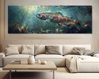 Regenbogenforelle Gemälde Leinwanddruck, abstrakte Fischen Wandkunst, Unterwasserwandkunst, Fischer Geschenk, gerahmt und fertig zum Aufhängen