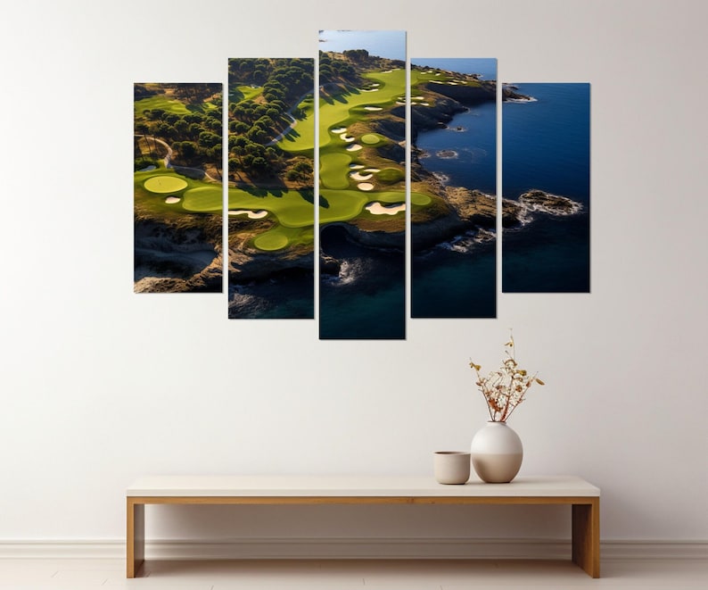 Impressão em tela de campo de golfe à beira-mar, arte de parede de golfe, decoração de resort de golfe, presente para jogador de golfe, decoração de parede de clube de golfe, emoldurada e pronta para pendurar imagem 7