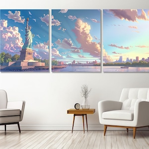 Neutral Colors New York Painting Canvas Print, Statue of Liberty Canvas Art, Large New York Wall Art, Framed and Ready to Hang