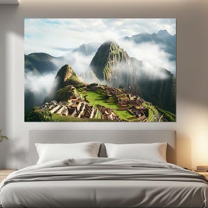 Misty Machu Picchu Canvas Print, Ancient Inca Wall Art, Foggy Andes Poster, Peru Canvas Art, Peru Wall Decor, Framed and Ready to Hang