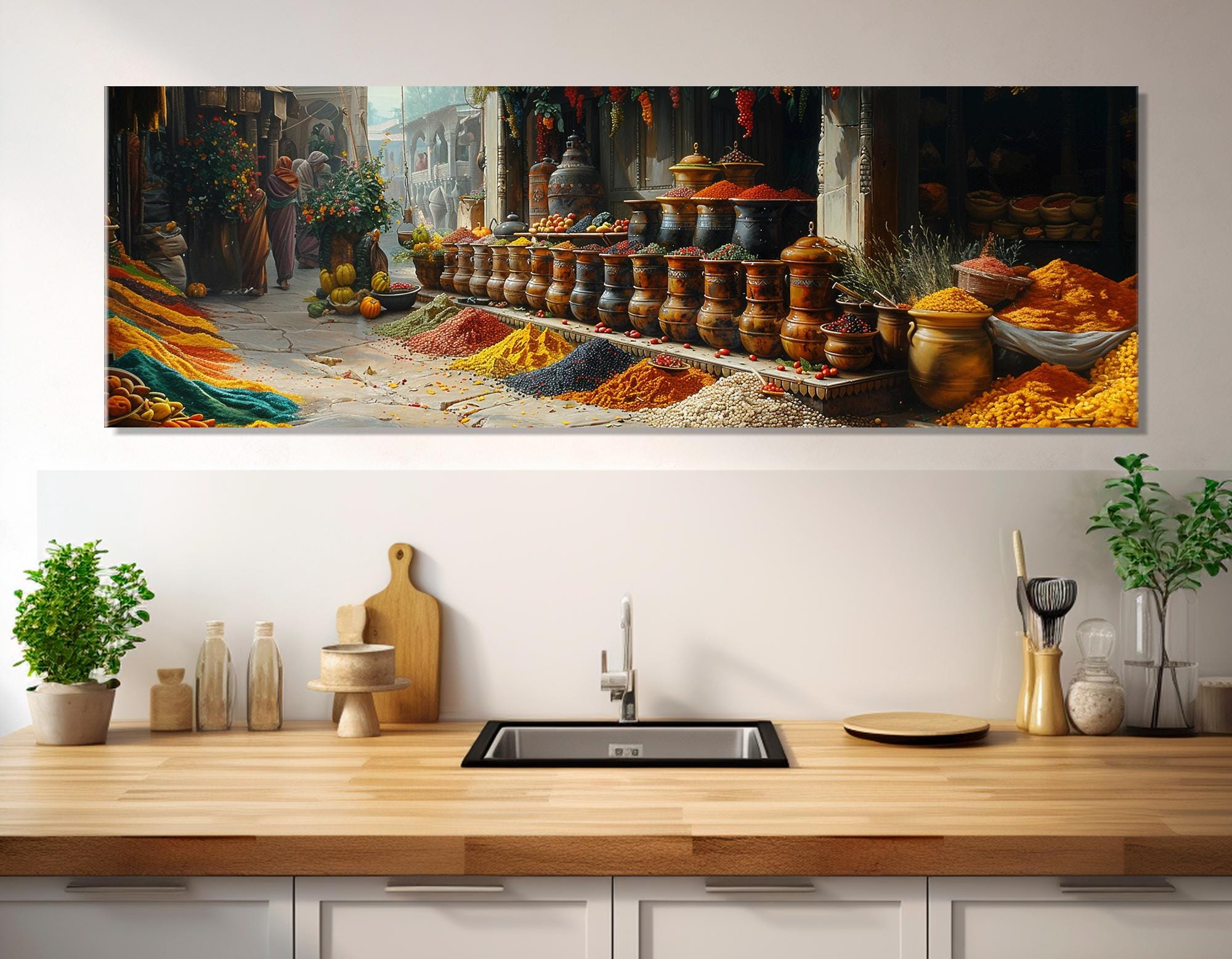 Oriental Market with Spices Canvas Print, Indian Herbs and Spices Wall Art, Kitchen Wall Decor, Oriental Wall Art, Framed and Ready to Hang