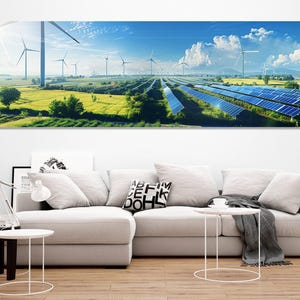 Erneuerbare Energie Wandkunst, Windmühlen und Sonnenkollektoren Leinwanddruck, Erneuerbare Energie Wandkunst, Windkraftanlagen Druck, gerahmt und fertig zum Aufhängen