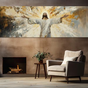 Großer Jesus Christus Leinwanddruck, abstrakte religiöse Malerei, religiöse Schlafzimmer Wanddekoration, christliche Wandkunst, gerahmt und fertig zum Aufhängen