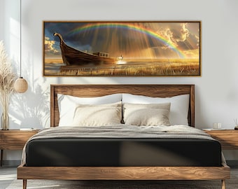 Impression sur toile arche de Noé, grande toile d'art religieuse, peinture grande inondation, affiche de l'arche de Noé, art mural biblique, encadré et prêt à accrocher