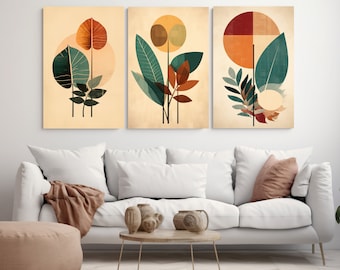 Set of 3 Boho Leaves Printed Paintings,   Boho Wall Art, Abstract Autumn Leaves Canvas Art, Boho Wall Decor, Framed and Ready to Hang