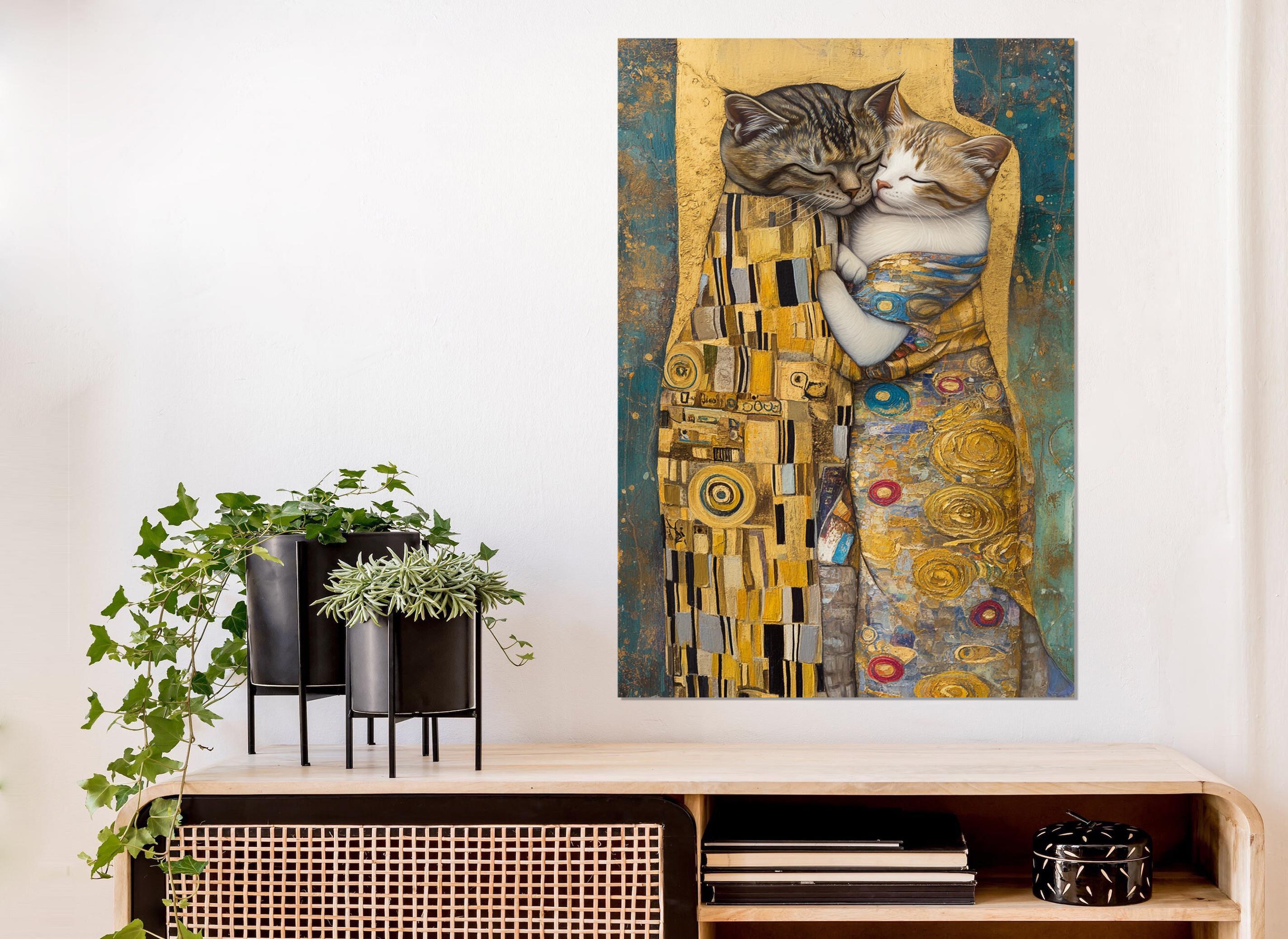 グスタフ・クリムト風の猫のキスの絵画キャンバスプリント、面白い猫の