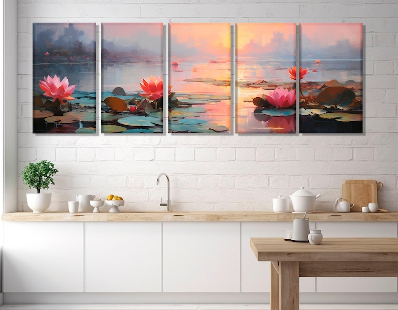 Water Lilies on the Lake Painting Canvas Print, Abstract Water Lily Wall Art, Nature Oil Painting, Framed and Ready to Hang image 4