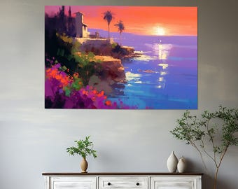 Impression sur toile côte méditerranéenne, art mural coucher de soleil romantique, encadré et prêt à accrocher