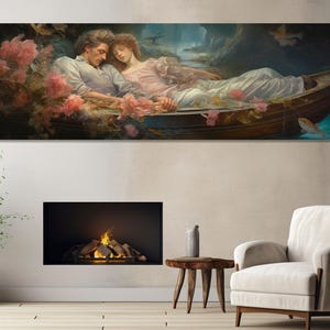 Großes abstraktes romantisches Paar Gemälde, romantische Leinwand Druck, Vintage romantische Wandkunst, romantisches Schlafzimmer Dekor, gerahmt und fertig zum Aufhängen
