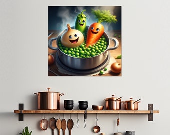 Funny Kitchen Wall Art, Vegetables Scared of Knife Canvas Print, Kitchen Wall Decor, Funny Vegetables Poster, Housewife Gift, Funny Food Art