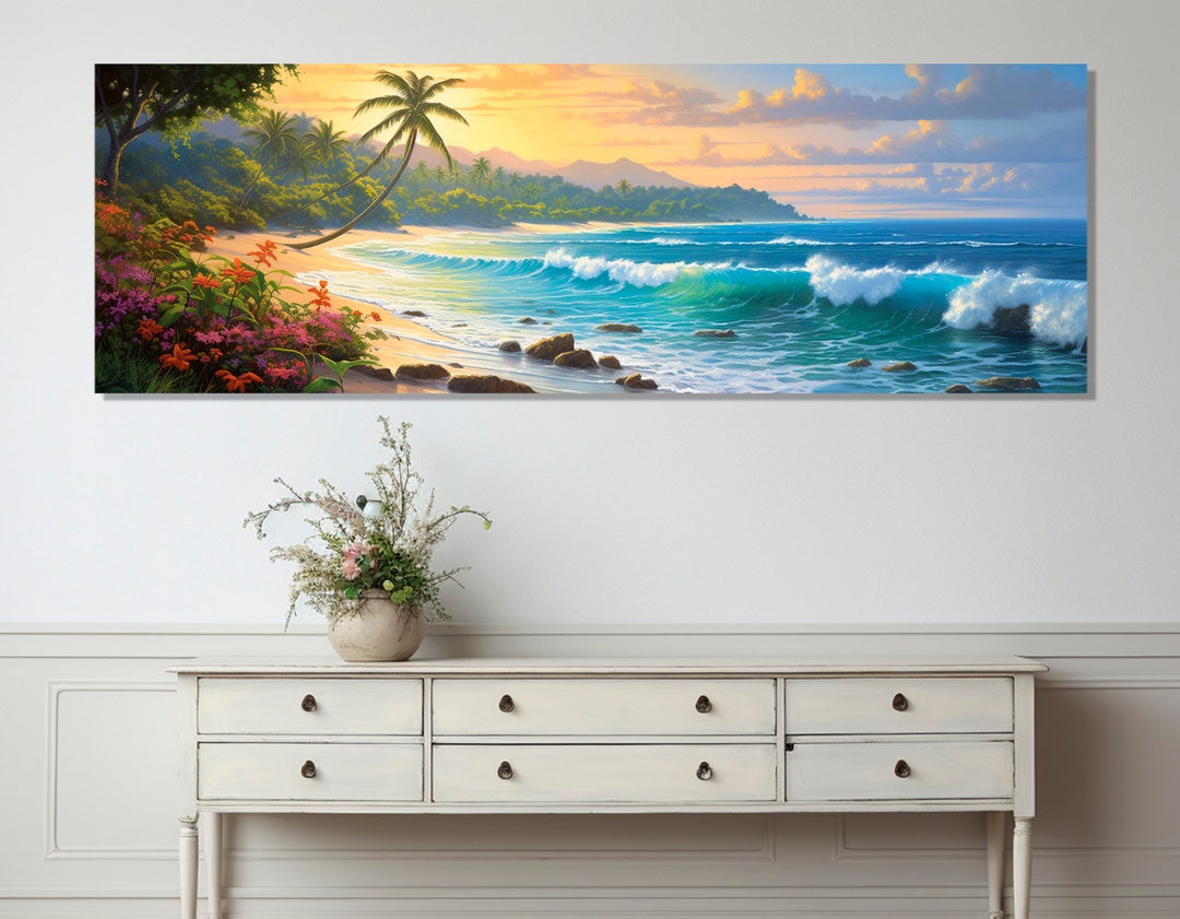 Beautiful Beach Painting Canvas Print, Large Beach Wall Art, Panoramic ...