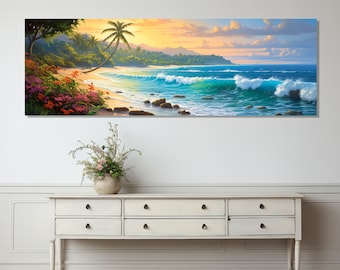 Beautiful Beach Painting Canvas Print, Large Beach Wall Art, Panoramic Tropical Beach Painting, Framed and Ready to Hang