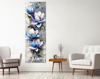 抽象的なマグノリアの花の絵画キャンバスプリント、垂直の花の壁アート、花の壁の装飾、マグノリアの壁アート、額入りですぐに掛けられます