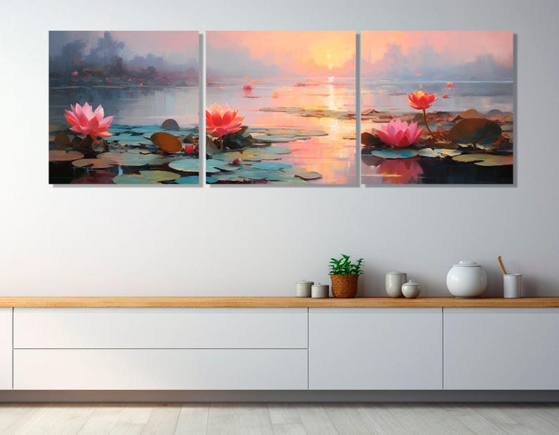 Water Lilies on the Lake Painting Canvas Print, Abstract Water Lily Wall Art, Nature Oil Painting, Framed and Ready to Hang image 5