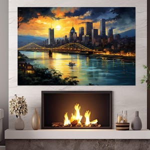 Abstract Pittsburgh Wall Art, Pittsburgh Skyline Canvas Print, Pittsburgh Painting, Pittsburgh Wall Decor, Framed and Ready to Hang