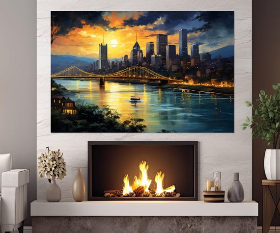 Abstract Pittsburgh Wall Art, Pittsburgh Skyline Canvas Print, Pittsburgh Painting, Pittsburgh Wall Decor, Framed and Ready to Hang