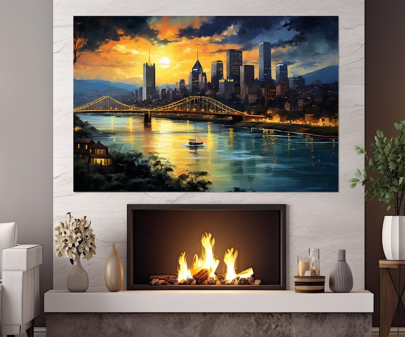 Arte de parede abstrata de Pittsburgh, impressão em tela do horizonte de Pittsburgh, pintura de Pittsburgh, decoração de parede de Pittsburgh, emoldurada e pronta para pendurar imagem 1
