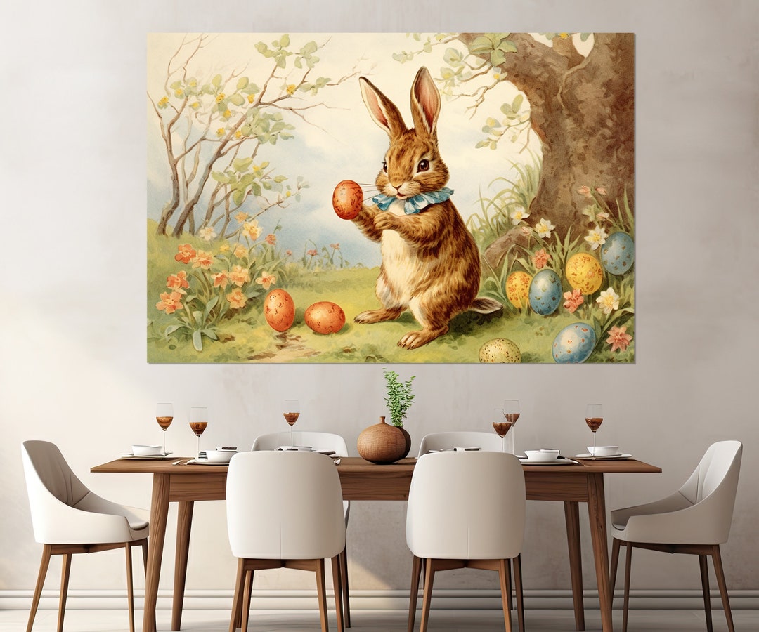 Vintage Style Easter Illustration, Cute Rabbit With Eggs Canvas Print ...