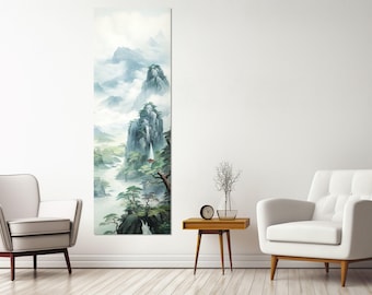 Impresión en lienzo de montañas en estilo tradicional chino, arte mural chino, pintura abstracta de montañas, arte mural asiático, enmarcado y listo para colgar.