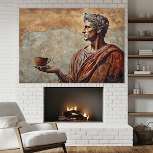 May include: A painting of a man in a red toga holding a cup of coffee. The background is a faded, textured wall.
