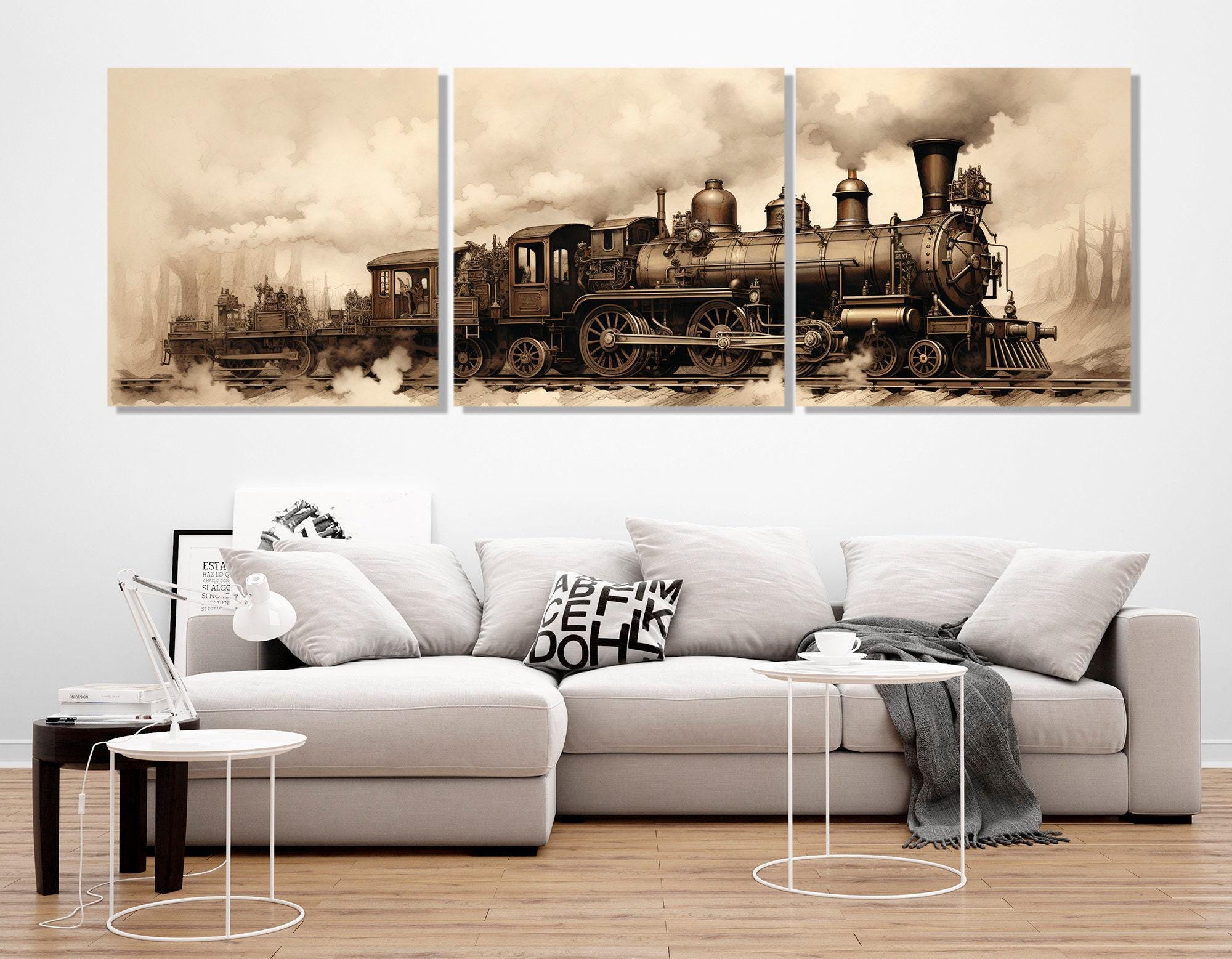 ヴィンテージ　アメリカ蒸気機関車プリント(木製フレーム付き)どちらか一点 ヴィンテージ蒸気機関車のキャンバスプリント、大きなセピア色の列車の