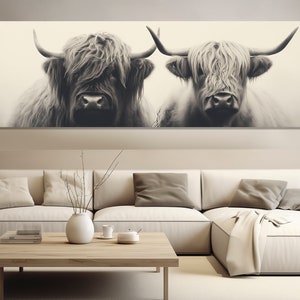 Highland Kühe Paar Leinwanddruck, Familie Wandkunst, Bauernhof Dekor, Highland Kühe Malerei, Bauernhaus Wanddekor, gerahmt und fertig zum Aufhängen