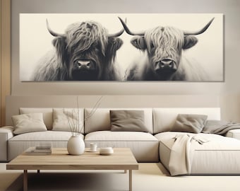 Highland Cows Couple Canvas Print, Family Wall Art, Farm Decor, Highland Cows Painting, Farmhouse Wall Decor, Framed and Ready to Hang