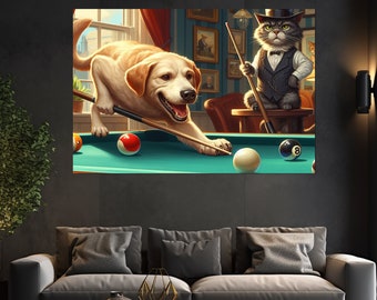 Dog and Cat Playing Billiards Canvas Print, Billiards Wall Art, Billiard Room Decor, Man Cave Canvas Art, Framed and Ready to Hang