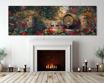 Wine Barrel in Flowers Garden Painting Canvas Print, Vintage Wine Wall Art, Framed and Ready to Hang