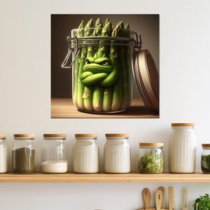 Trauriger Spargel im Glas Leinwanddruck, Lustiges Küchenwanddekor, Gemüse Poster, Hausfrau Geschenk, gerahmt und fertig zum Aufhängen