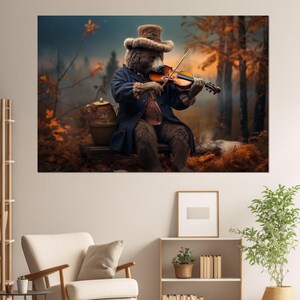 Bear Violinist Painting Canvas Print, Abstract Violin Wall Art, Musician Gift, Violinist Gift, Framed and Ready to Hang