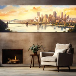 Abstract Pittsburgh Wall Art, Pittsburgh Painting Canvas Print, Large Pittsburgh Skyline, Pittsburgh Print, Framed and Ready to Hang