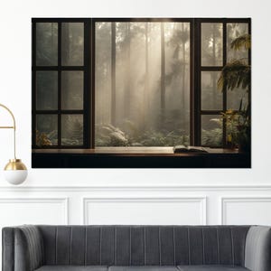 Open Window with Tropical Forest View Painting Canvas Print, Forest Canvas Art, Framed and Ready to Hang