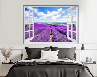 Open Window with Provence Lavender Field View Canvas Print, Faux Window Wall Art, French Lavender Field Wall Decor, Framed and Ready to Hang