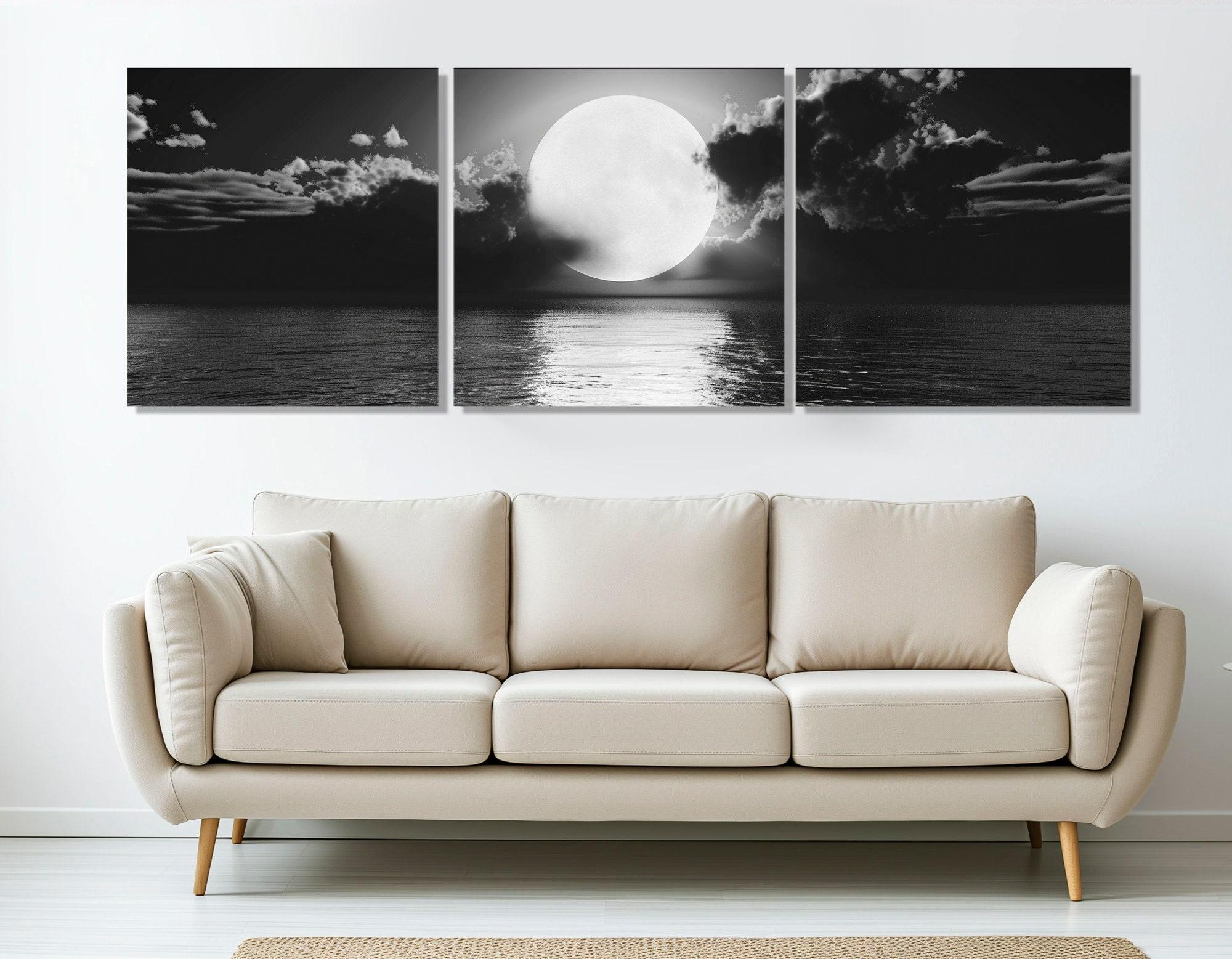 Scenic Moon Over Sea Canvas Print, Moonlight Poster, Black and