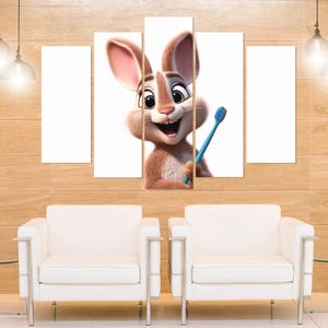 Kaninchen mit Zahnbürste Leinwand Druck, Kinderzahnheilkunde Wandkunst, Zahnarzt Geschenk, Stomatologie Wandkunst, gerahmt und fertig zum Aufhängen