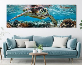 May include: A green sea turtle swims through clear blue water with coral reefs in the background.