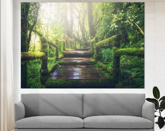 Bamboo Bridge Over The River in Tropical Forest Canvas Print, Bamboo Forest Wall Art Nature Wall Art Tropical Office Decor, Forest Photo